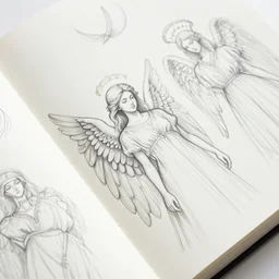 sketchbook pages angelic beings, magnificent, close up, details, sharp focus, elegant, highly detailed, illustration, by jordan grimmer and greg rutkowski, intricate, beautiful, trending artstation, pixiv, digital art