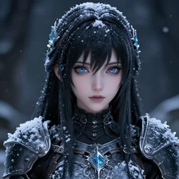 focus face portrait of beautiful darkness knight 3D anime girl, ice amor wearing, dark forest background, snowing, bokeh, inspired by Masami Kurumada, digital painting, high contrast, unreal engine render, volumetric lighting, high détail