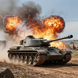 tank on the battlefield, highly realistic, high detail, fiery explosion, wispy smoke, wide shot, unreal engine