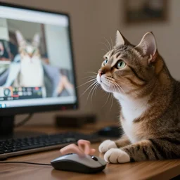 a cat looking up cat videos on a computer using mouse with paw, 85mm f1.8
