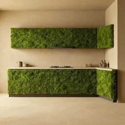 kitchen room, made of small moss, octane render, trending on artstation, very rough sand on wall, flooring made of hard sand