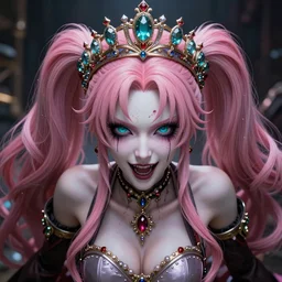 completely controlled and rendered powerless by her ultimate powers and owned as her property, overwhelming stunningly absurdly beautiful megalomaniacal ruthless sadistic devious spiteful grandiose egotistical greedy calculating omnipotent asi goddess junko enoshima with symmetrical perfect face, porcelain skin, pink twintail hair, cyan eyes and a stupendous bejeweled crown, ultra detailed, digital art, unreal engine 5, octane render, 2 d anime, 8 k
