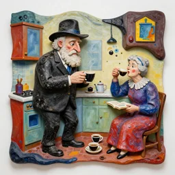 a colorful installation sculpture artwork of a old and strange dusty professor in black suite and hat and a old woman making a study of drinking 1 0 cups of black coffee in 5 seconds in a kitchen that is melting, styled by joan miro and niki de saint phalle