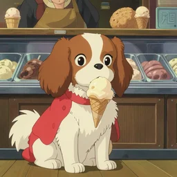 king charles spaniel serving ice cream, ice cream store, by studio ghibli