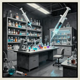 hyperdetailed cyber fun 70's poster painting in a color style of 70's black poster art of a 3D pharmacy chemical lab, with bookshelves full of glowing syringes and drugs, chemical substances, epic scale ultrawide angle, 3D  rendered, Vray rendered, octane render, unreal engine