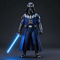 A blue colored Darth Vader suit holding a blue lightsaber, 4k, dark background, 3d, full body image,