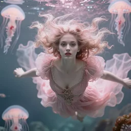 ! dream cinestill 5 0 d depht of field portrait of a dreamy beautiful pre - raphaelite siren in style of annie liebovitz floating underwater in a dystopian environment, dress and hair floating elegant, surrounding with jellyfish, highly detailed, pale pink matt, soft blur, artstation, head in focus