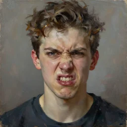 a rude, violent and boastful young person, oil on canvas, brush strokes, hyperrealistc