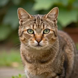 photo - realistic picture of a brown cat in a garden.
