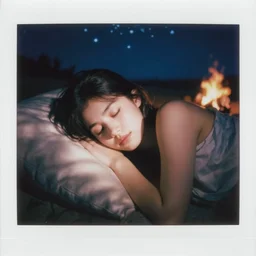blured shadow of sleepy young woman on white light, focused background blue night sky with stars and orange campfire, polaroid photo