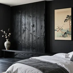 bedroom, stone, interior design, stylish luxury bedroom design, yakisugi, black vertical slatted timber, textures, feminine, black walls, art, japanese pottery vase with flowers, kakejiku, seasonal, japanese influences