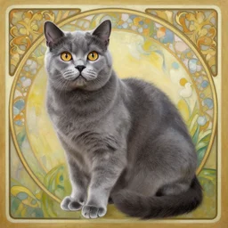 exotic shorthair cat, solid grey, beautiful painting by beatrix potter and alphonse mucha