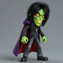 Murdoc is based on Keith Richards of The Rolling Stones.sickly green colored skin, and yellow colored eyes, with a red pupil in his right eye. He also has a misshapen nose and sharp yellow teeth and a large grin. He has a black mop top that covers a portion of his face and hides his eyebrows, wearing a grey or black sweater and grey or blue jeans with cuban heel boots and an inverted cross necklace. He sometimes wears a purple and red cape