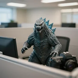 godzilla is in an office cubicle, clear focus, bokeh effect, high res, hasselblad, dslr, professional, cinematic