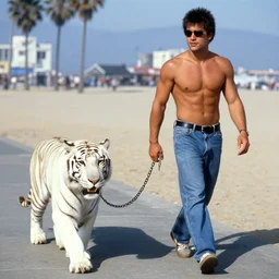 celebrity walking his pet white tiger on a chain down Venice beach, muscle beach in 1998