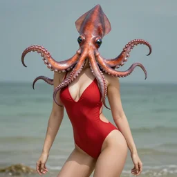 extremely sexy woman with a red bathing suit who has a squid for a head and tentacles