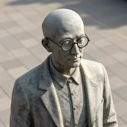 statue of a bald man wearing round glasses, daytime, high camera angle, volumetric lighting