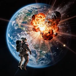the last human floating in space looking back at the Earth exploding from an asteroid impact, realistic