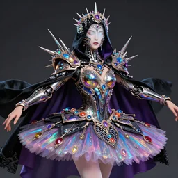 the omnipotent prima ballerina, vivid award winning digital artwork, intricate black sharp hooded semi - cybernetic athletic armor, beautiful iridescent colors, technology cloak, long spikes, glowing face, detailed realistic, specular colors, ornate colored gems and crystals, character art by wlop, greg rutkowski and artgerm