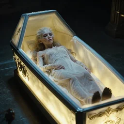 a strange creature in a glowing coffin, film still from the movie directed by denis villeneuve with art direction by ed emshwiller