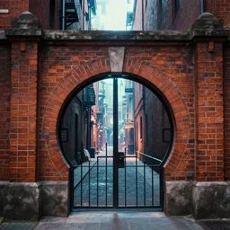 front - view, centralized, brick wall with a circular gate in leading to another world. backalley, energy, glow, architecture. urban fantasy. detailed. smooth. sharp focus. trending on arstation. artist greg rutkowski.