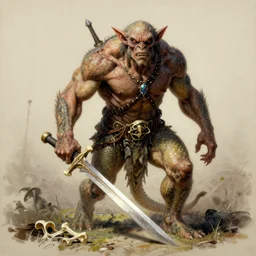 dog-faced muscular goblin, ugly face, lizard tail, holding scimitar made of bone, hyper-detailed, primeval fantasy, prehistoric fantasy, drawn by Frank Frazetta