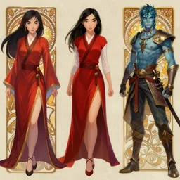 fashion and character design spot illustrations from avatar!!! combined with mulan, d & d, fantasy, intricate, elegant, highly detailed, digital painting, artstation, concept art, matte, sharp focus, illustration, hearthstone, art by artgerm and greg rutkowski and alphonse mucha