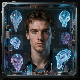 beauty man portrait in holograms of alien artifacts, electrical case display, total recall tech, ultrarealistic, dramatic lighting, electrical details, high details, 4k, 8k, best, accurate, trending on artstation, artstation, photorealism, ultrarealistic, digital painting, style of, Caravaggio, Peter Mohrbacher, Boris Vallejo