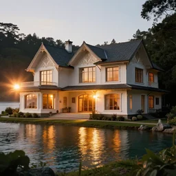 beautiful house with sea view, sunset, wide shot, in forest in background, canvas, cinematic, kodak ektar, wide angle, f / 2 2, lens flare, high contrast, 4 k, full - hd, sunlight, ray tracing global illumination, ray tracing reflections, in a symbolic and meaningful style, insanely detailed and intricate, hypermaximalist, elegant, ornate, hyper realistic, super detailed