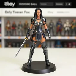 Image on the store website, eBay, Full body, 80mm resin detailed miniature of Megan Fox in armor stand next to an orc warrior