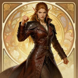 beautiful half elf monk, female, fisting, leather longcoat, high fantasy, dnd, smooth, sharp focus, illustration, by rossdraws, alphonse mucha, frank fanzzeta