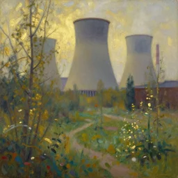 chernobyl power plant garden. gouache and gold paint, russian romanticism, muted palette, backlighting, depth of field.