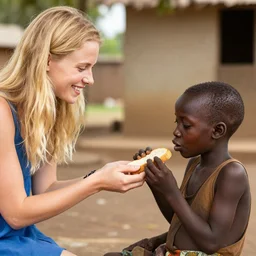 photo of a malnourished ugandan boy sharing bread with a blond american