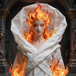 underworld dungeon, closeup of an anthropomorphic fire goddess wrapped in a flowing couture flaming tissue paper, holographic chrysanthemums, fire origami flowers, heavenly light, 3 d, very detailed, octane render, trending artstation, artgem