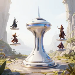 teleportation machine in a fantasy world, with wizards and warriors using it, the machine is a large metal contraption with a bright light in the center by m. c. escher