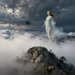 shy mountain summit taking a peek through the clouds, fog, with curious eyes. floating spirit in transparent nightgown. painting by caspar david friedrich, yves tanguy, jean delville, rene magritte, max ernst, monet