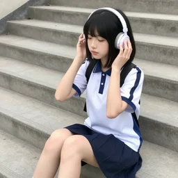 high schooler wearing a school uniform sitting on concrete steps and listening to music on headphones, digital art, detailed, anime