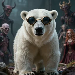 white furry polar bear, steampunk googles, highly detailed, unreal engine 5, cinematic, 8 k, by megan duncanson, benjamin lacombe, adrian borda, stanley artgermm, tom bagshaw, craig mullins, carne griffiths, ayami kojima, beksinski, giger, trending on deviantart, hyper detailed, horror, full of colour