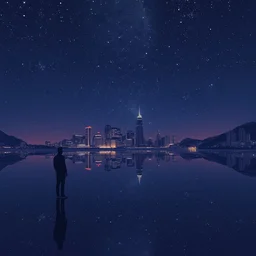 standing with fully body reflection and reflection of night sky by nicolas delort, moebius, victo ngai, josan gonzalez, kilian eng