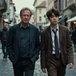 film still of bryan cranston and jungkook in cosmic horror! the musical by david cronenberg, walking together, budapest street background, 3 5 mm film, atmospheric, ultra fine detail, film grain, photorealistic, hyperrealistic dramatic lighting