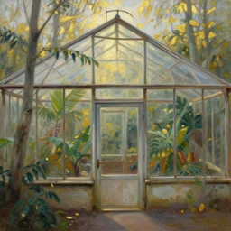 chernobyl tropical greenhouse. gouache and gold paint, russian romanticism, muted palette, backlighting, depth of field.