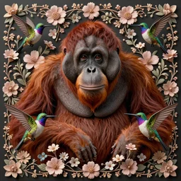portrait of an orang - utan surrounded by hummingbirds and fine floral ornaments, eye - level medium - angle shot, intricate, floral background, by esao andrews, by m. w. kaluta, by yoshita amano, intricate, symmetrical, natural lighting, smooth, 3 d octane render, depth perception, 4 k,, artstation