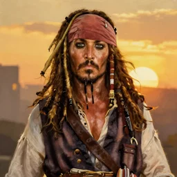 Painting of Hugh Jackman as Jack Sparrow. Art by william adolphe bouguereau. During golden hour. Extremely detailed. Beautiful. 4K. Award winning.