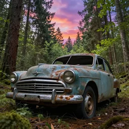 abandoned old retro car closeup in the forest, macro, detailed, huge scene, concept art, beautiful, art greg rutkowski, low angle, high detail, cinematic view, volumetric, epic sky, vivid, trending on artstation, by jordan grimmer