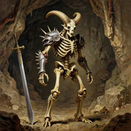 A spiky horned skeleton with armored joints stands in a large cave with a huge weapon. Extremely high detail, realistic, fantasy art, solo, masterpiece, saturated colors, bones, art by Zdzisław Beksiński, Arthur Rackham, Dariusz Zawadzki