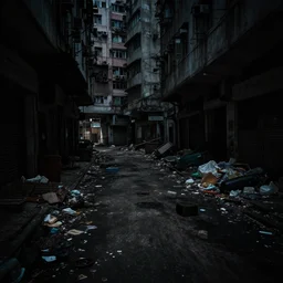 dark, dirty, streets of hong kong, abandoned, creepy, piles of trash and junk, low brightness, cinematic lighting, no power, no lights