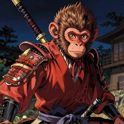 monkey samurai, in old Japan, night time, sharp focus, intricate, digital painting, artstation, official media, anime key visual, highly detailed, rich vivid colors ambient lighting, illustration, art by Artgerm, Makoto Shinkai, Ilya Kuvshinov, Lois Van Baarle and Rossdraws