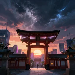 a beautiful photorealistic illustration of city shrine by mike winkelmann, futuristic sunlight anime venus stormy fantasy neon noir synthwave sunset, archdaily, wallpaper, highly detailed, trending on artstation.