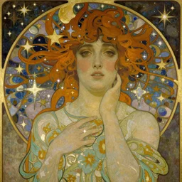 salome among the stars beautiful detailed romantic art nouveau face portrait by alphonse mucha and gustav klimt, hauntingly beautiful refined moody celestial dreamscape