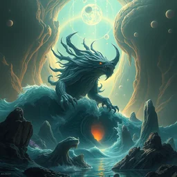 lovecraftian monster, water wave, alien planets, ornate and intricate, glowing nether portal, dim painterly lighting volumetric aquatics, jaw droping by anton fadeev, by rhads, 4 k, detailed
